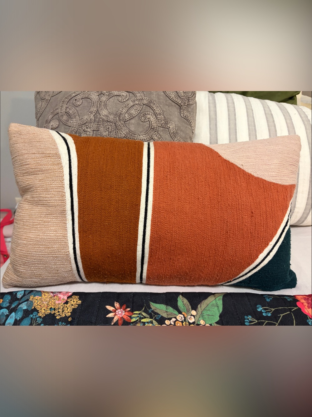 West Elm MCM Burnt Orange Beige Striped Geometric Accent Pillow 20”x11”